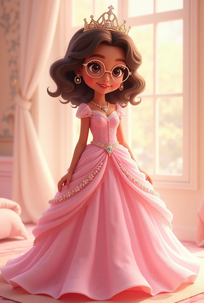 Little princess, , wearing crown, Pink dress with a flared skirt down to the feet, curled hair, at shoulder height, brown, glasses, brown skin, smiling, 
