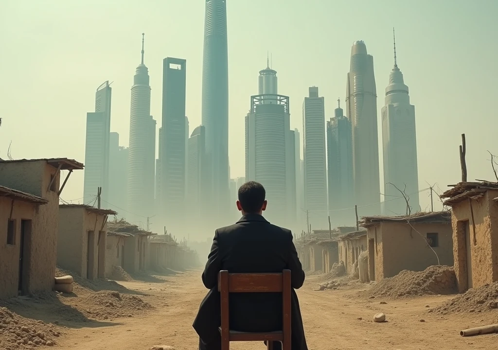 Afghani poor people's country side and other side look modern buildings Taliban king sit in chair