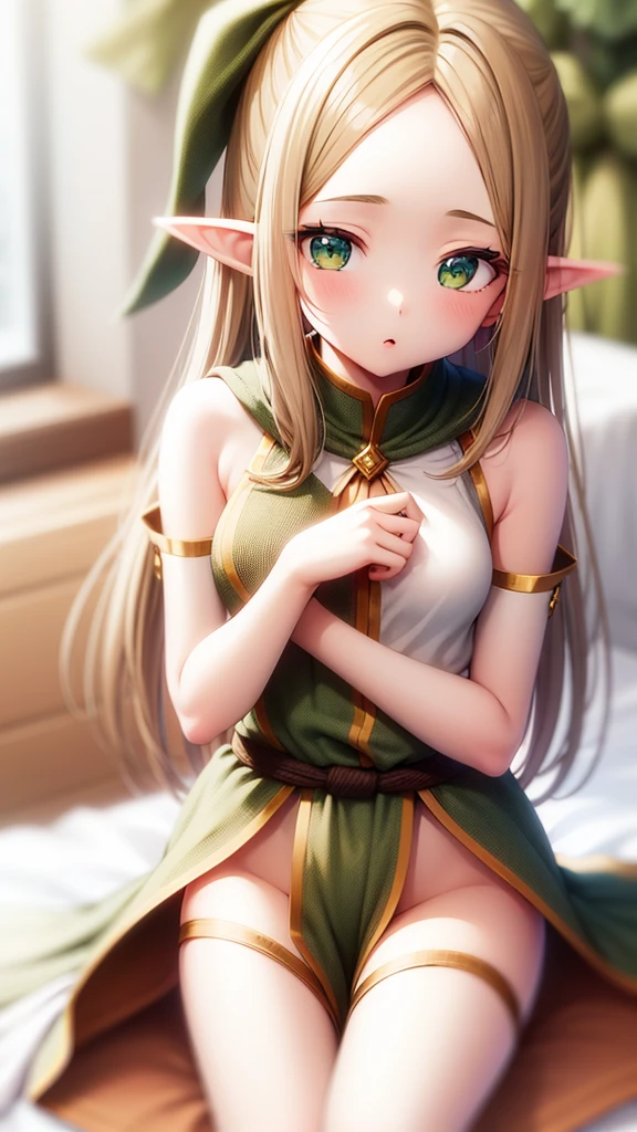 1girl, elf, blonde long hair, ((forehead)), green eyes, yellow-green tunic with short sleeves, yellow-green soft boots, green cloak draped around shoulders, bare thighs, slender, hemp cord tied around waist, no slit on tunic