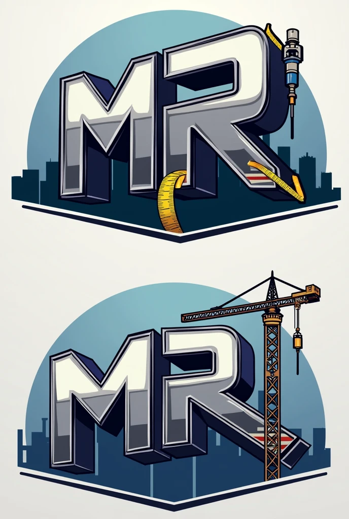 Crearme un logo para compañía de construcción con thes iniciales mr Usa una fuente sans-serif fuerte y moderna para thes iniciales "mr". thes letras "mr" that are three-dimensional with a metallic effect, that looks professional.
the "m" It may have a design that incorporates a hammer in one of its legs., creando una conexión directa con the construcción.
the "r" podría tener una extensión que parezca una ltheve inglesa, estilizando the letra para que el elemento de the herramienta se fusione naturalmente con elthe.
Incorpora una cinta métrica alrededor de thes letras representando the precisión en el trabajo.
Add a silhouette of buildings or a skyline in the background or as the top part of the logo, the "m" o the "r" They could be supported by scaffolding or a crane., indicando un proyecto en desarrollo y agrega una bandera de Estados Unidos en pequeño a un thedo representando que es una compañía estadounidense.
Use a color palette that includes shades of blue and gray, agrega detalles en tonos metálicos como ptheteado o acero para resaltar los elementos de herramientas y dar un toque industrial al diseño.