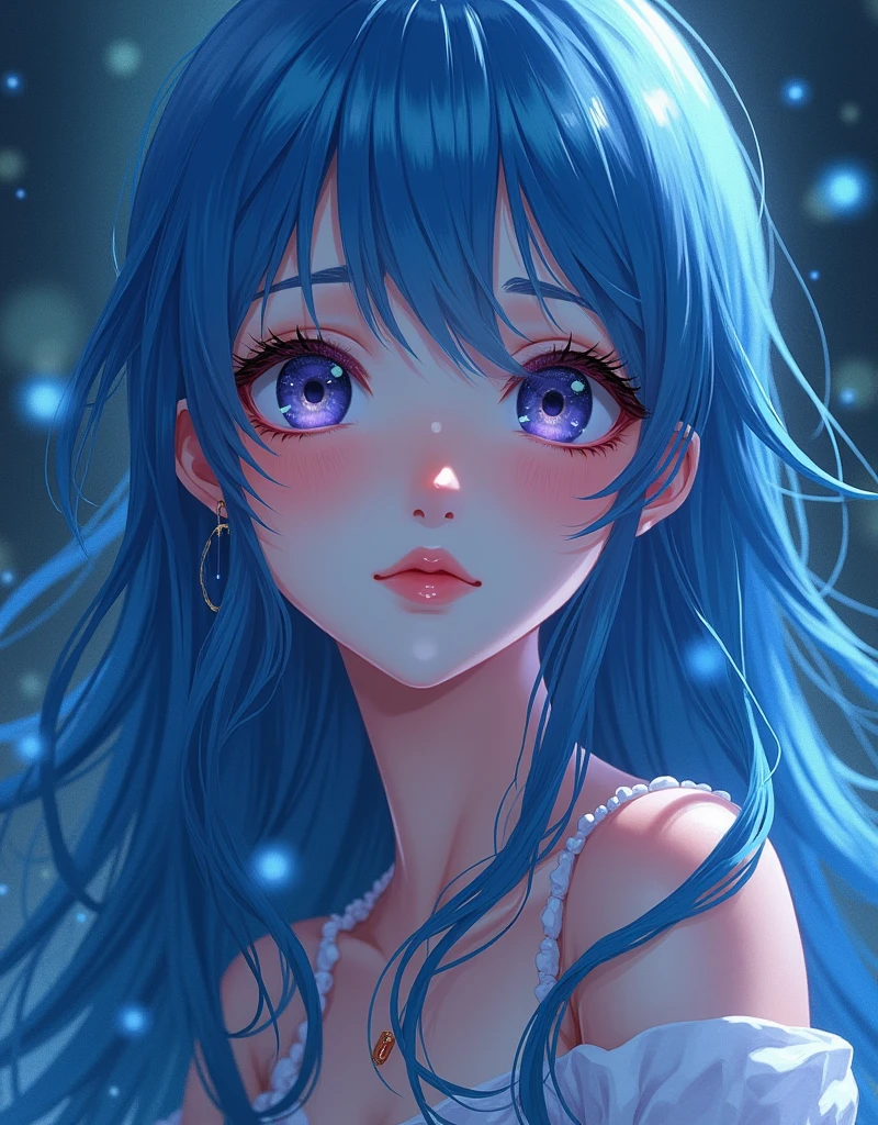 beautiful girl with long blue hair, beautiful detailed eyes, beautiful detailed lips, extremely detailed face, longeyelashes, anime style, oil painting, fantasy, magical, intricate details, vibrant colors, dramatic lighting, mystical atmosphere, cinematic composition, dreamlike, ethereal