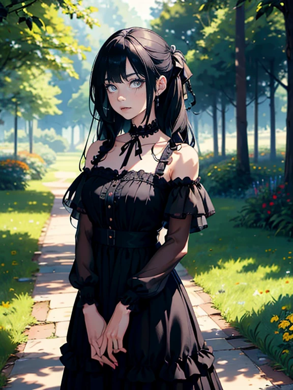 (masterpiece:1.2), (Highest quality:1.2), Perfect Eyes, Perfect Face, Perfect lighting, One person, Mature goth girl woman standing with hands out in front of her, Long Hair, Complicated hairstyle, compensate, Black Lips, Thick eyelashes, sad, melancholy, Dressed as a goth girl, Black and white dress, Frills, ribbon, Puff sleeves, Exposing shoulders, Lace choker, jewelry, peaceful, quiet, Chill, Detailed outdoor background, Beautiful Landscape, Fantasy, summer, sunny, Sunburned, Flowers, wood  