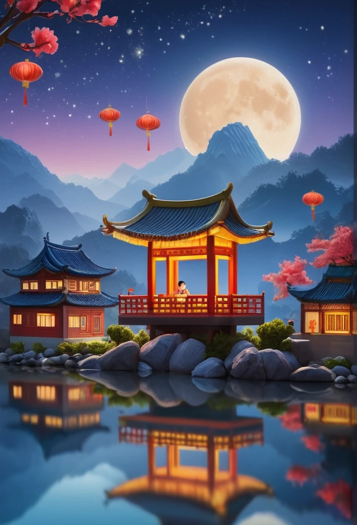 Create a charming night scene with 3D art style, Showcasing peaceful Mid-Autumn Festival scenery. The scene is filled with mini mooncakes, Little figures saw wood and deliver mooncakes under the sweet-scented osmanthus tree. Half of a lava-filled mooncake is placed on the table, Osmanthus petals are scattered around. The moon hangs in the sky, Dazzling colorful mountain peaks, Winding River, Small boat, and small houses in the style of Chinese landscape paintings. A small pavilion stands on the top of the mountain, The moonlight illuminates the surrounding environment softly like silver. The night sky unfolds like velvet soaked in ink, Dotted with countless twinkling stars,Like a jewel in the sky. The environment is bathed in the soft glow of starlight and moonlight, create a fantastic, surreal atmosphere. Paintings are rendered in vibrant colors, High contrast, And dopamine color matching, Create Y2K style with three-dimensional ancient oriental poetic painting style.