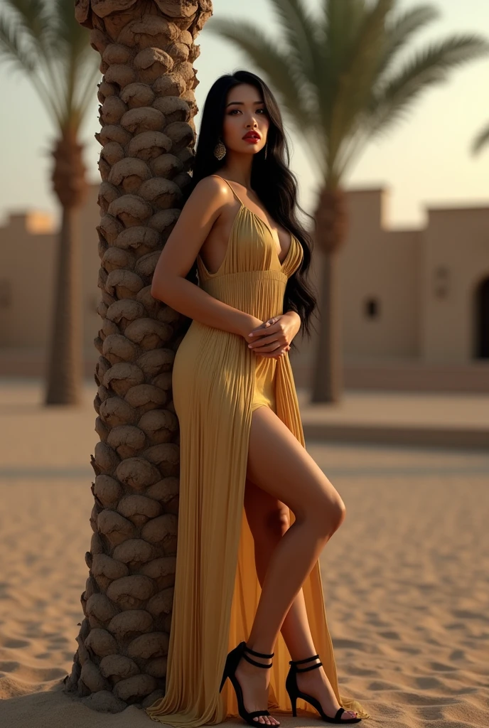 (photorealism:1.2), profesional potrait an curvy Asian woman with long black hair, a gold dress, black heels, standing leaning against a date kurma tree, there are date palm trees, and a traditional Arabic house, with a dark, cloudy air