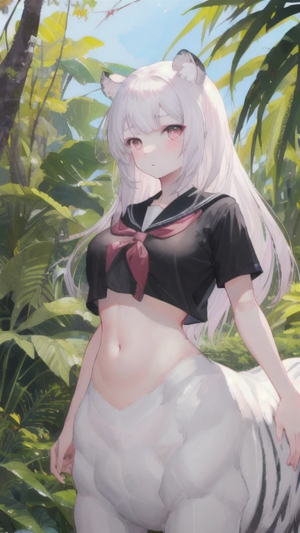 (best quality, masterpiece), 1 girl, centaur, I beg, White skin, Japanese schoolgirl,daughter,black pink, exposing the abdomen, belly button t-shirt , beautiful girl perfect, White tiger photo, perfect jungle photo