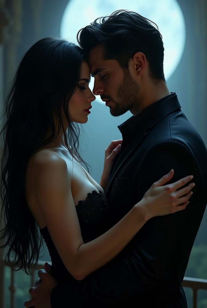 Black haired woman with a very handsome black haired man dark romance style