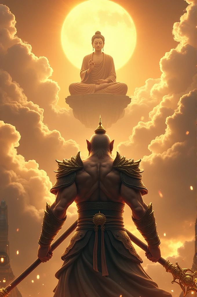 Sun Wukong, the Monkey King from Journey to the West. Sun Wukong dressed in traditional Chinese-style black armor, holding a golden stick in one hand. The full-body image is intense and filled with tension. Who facing a budda floating on the sky with clouds and sunshine.Scene is shooting behind WuKong.