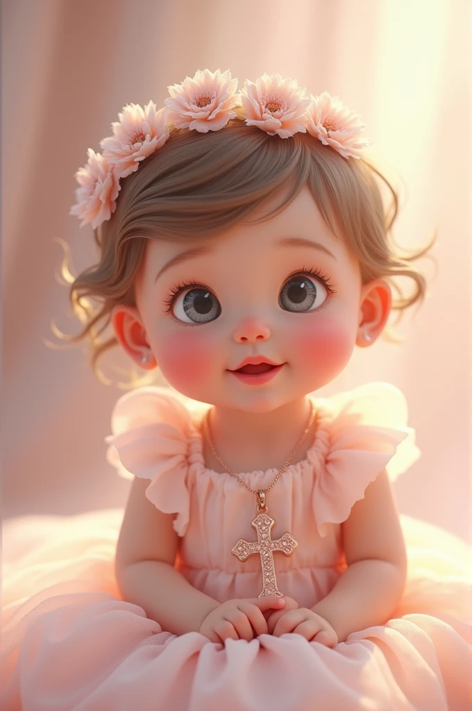 Creer moi une image bapteme fille 1 an , joues gouflues, yeux gris/bleu , belle robe, collier abec le signe de croix autour du coup , tons rose