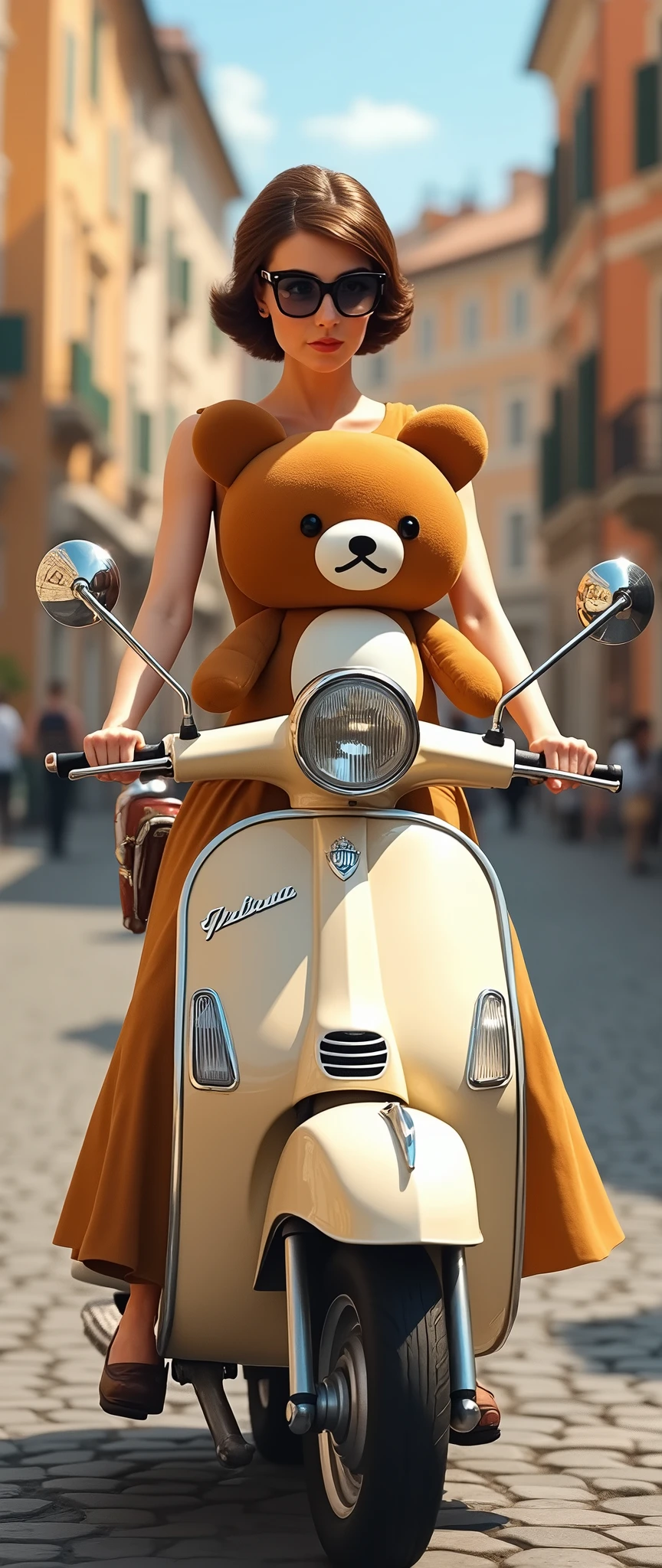 (masterpiece:1.2,Exceptional Quality,mirror-like,Cinematic Experience,Best illustrations,Super detailed),8k,wallpaper,(Audrey Hepburn driving a Vespa with Rilakkuma:2.0),(Roman holidays:2.0)