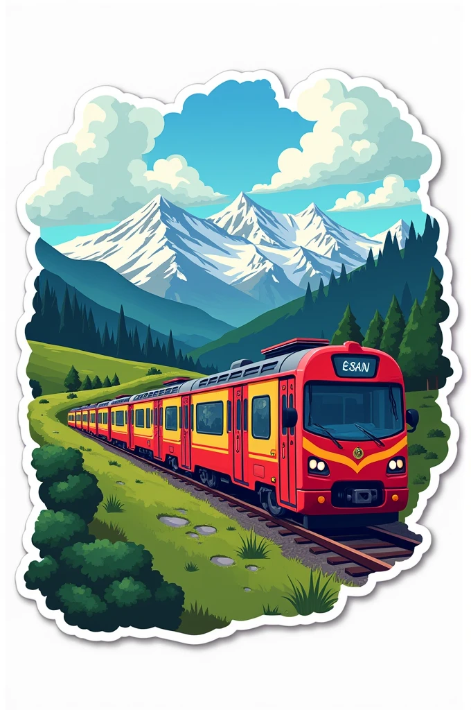 A sticker of a lateral view of a cartoon train in red and black, with a green Andean landscape and snowy mountain in the background. The train has multiple cars. The mountains have lush greenery and a few clouds are visible in the sky. The sticker has a white background.