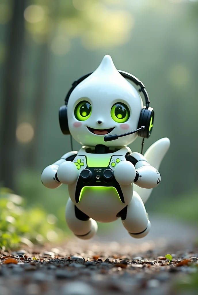 Create a medium-sized robot pet with a ghost-like appearance. Resembling a drop. On his hands he has five well-defined fingers. His facial expression has large, green eyes with a glow, conveying a friendly and cheerful expression. He has a small open mouth with a happy smile and flushed cheeks.. Its body is white with small green details and a smooth, slightly shiny texture.. He has a headset on his head with an adjustable microphone positioned close to his mouth.. And on his chest you can see the illuminated shape of a Playstation 5 controller in fluorescent green.. It floats in the air, as if he were ready for an adventure. Behind the character you can see a portal and on it is written "Soul Gamer"