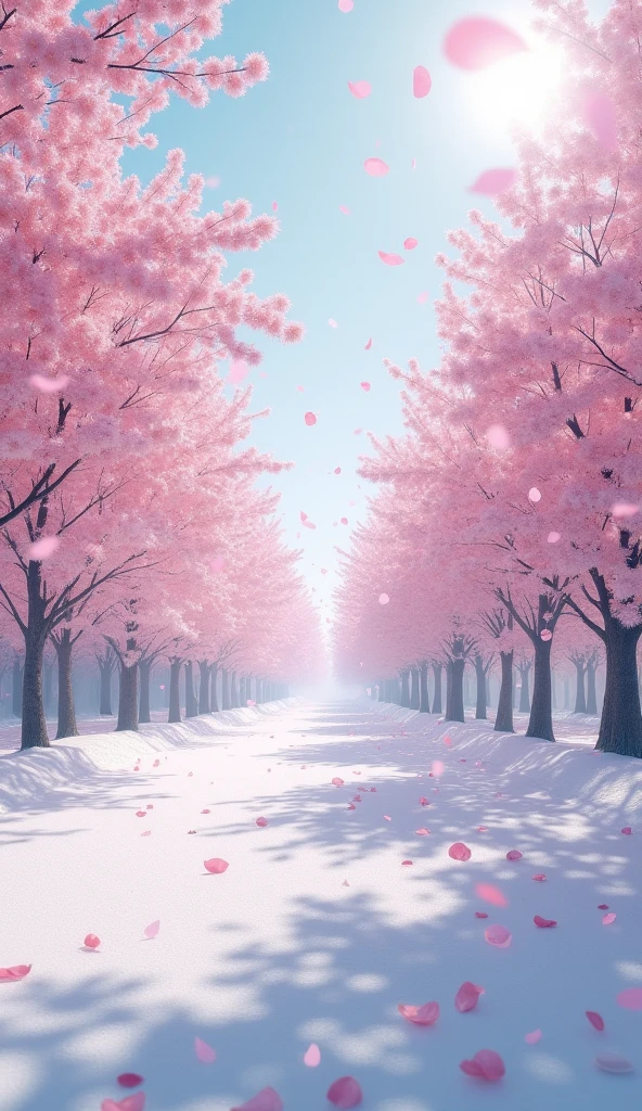 Surrealism、masterpiece、best quality、Film Grain、Magnificent views、Snow like cherry blossom petals、Light pink scenery、Snow Scene、Cherry Blossom Blizzard、