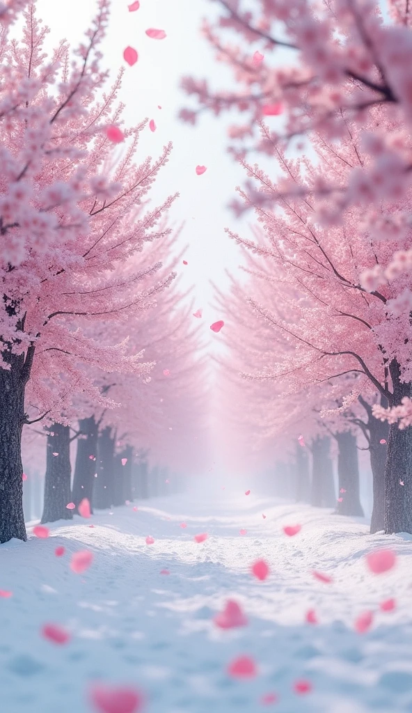 Surrealism、masterpiece、best quality、Film Grain、Magnificent views、Snow like cherry blossom petals、Light pink scenery、Snow Scene、Cherry Blossom Blizzard、