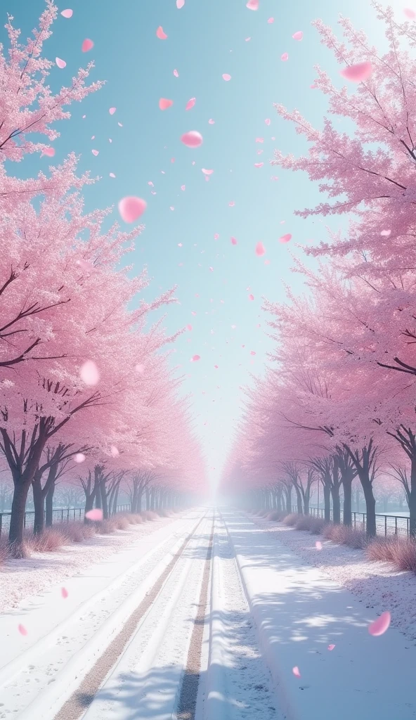 Surrealism、masterpiece、best quality、Film Grain、Magnificent views、Snow like cherry blossom petals、Light pink scenery、Snow Scene、Cherry Blossom Blizzard、
