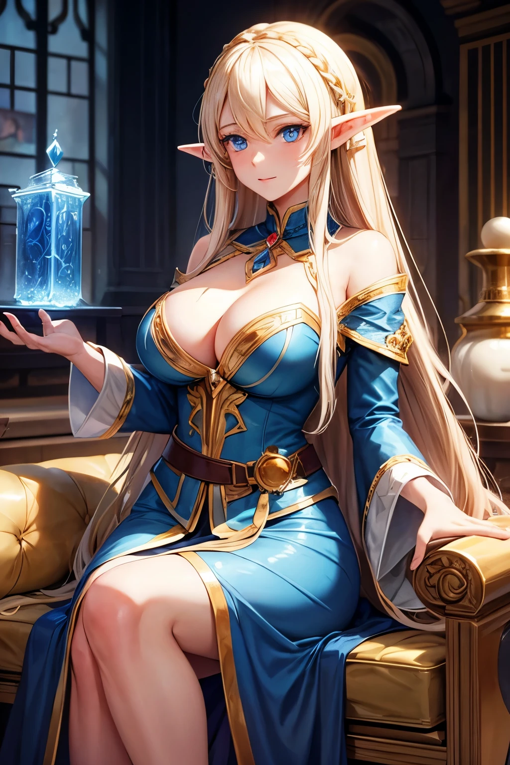 Long blond hair, blue eyes, big breasts, royal sister, elf, alchemist