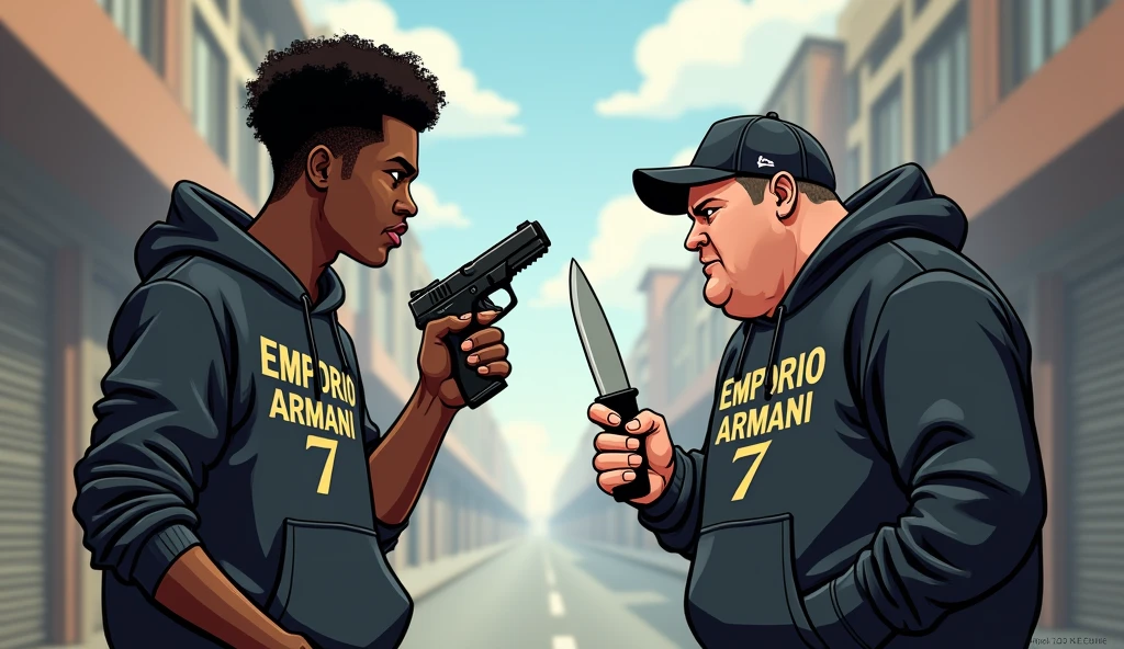 a dark-skinned person, with one eye higher than the other, street clothes,all brand EMPORIO ARMANI 7, SHORT afro hair threatening an obese person with a GUN, normal clothing, with a jockey-style cap and without an eye and in turn threatening him with a KNIFE, both characters about 30 years old and imagined in a HALF-CARTOON way and from the front, These are not fighting verbally