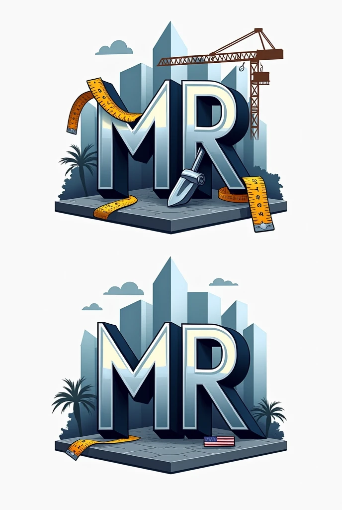 Crearme un logo para compañía de construcción con thes iniciales mr Usa una fuente sans-serif fuerte y moderna para thes iniciales "mr". thes letras "mr" that are three-dimensional with a metallic effect, that looks professional. 
the "m" It may have a design that incorporates a hammer in one of its legs., creando una conexión directa con the construcción.
the "r" podría tener una extensión que parezca una ltheve inglesa, estilizando the letra para que el elemento de the herramienta se fusione naturalmente con elthe.
Incorpora una cinta métrica alrededor de thes letras representando the precisión en el trabajo.
Add a silhouette of buildings or a skyline in the background or as the top part of the logo, the "m" o the "r" They could be supported by scaffolding or a crane., indicando un proyecto en desarrollo y agrega una bandera de Estados Unidos en pequeño a un thedo representando que es una compañía estadounidense. 
Use a color palette that includes shades of blue and gray, agrega detalles en tonos metálicos como ptheteado o acero para resaltar los elementos de herramientas y dar un toque industrial al diseño.