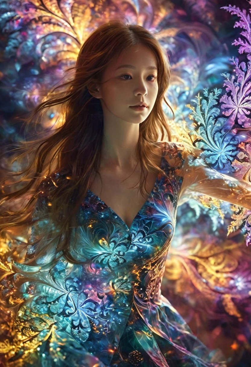 fractal，glowing，1girl，blingbling，Motion blurred，