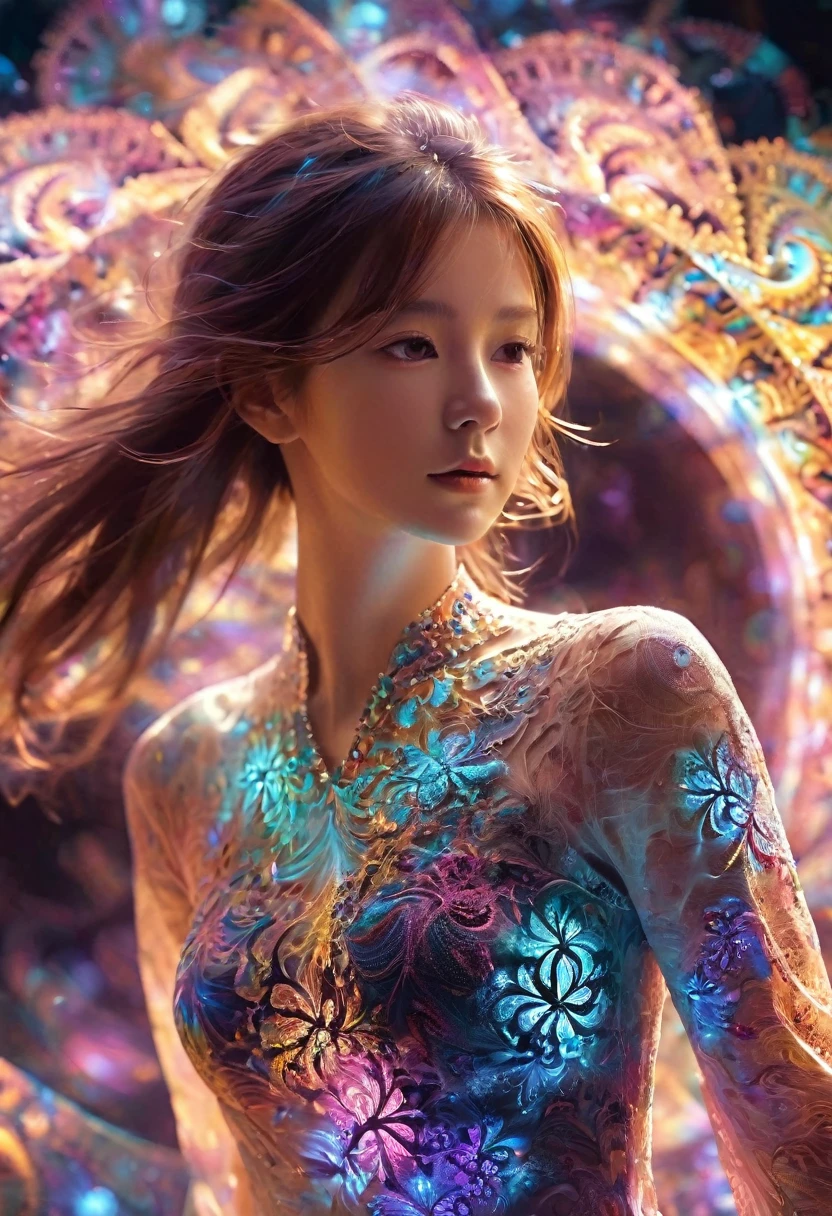 fractal，glowing，1girl，blingbling，Motion blurred，