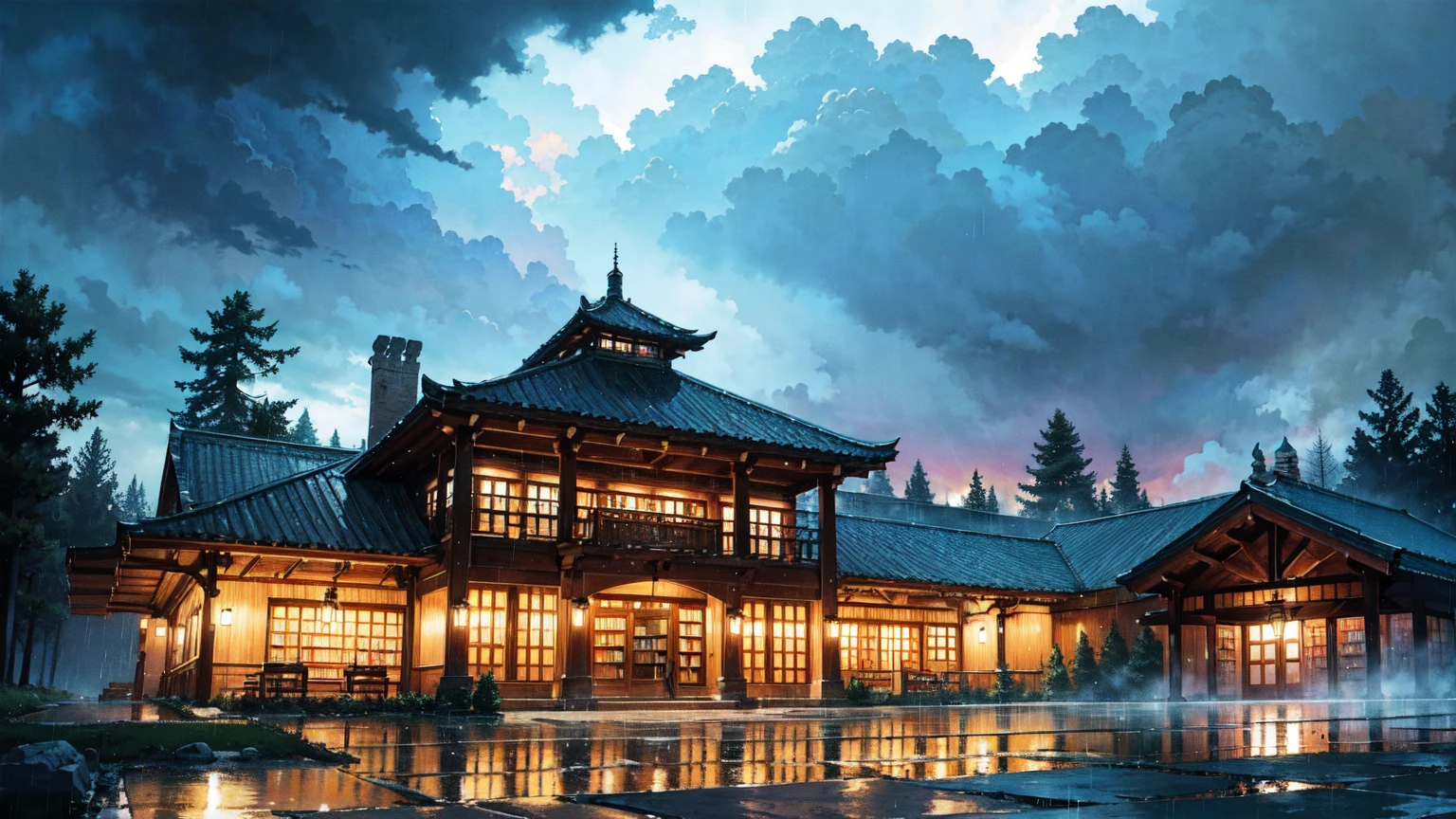 Colorful and bright picture. Fantastic composition with a forest in the foreground and a library in the background. Nostalgic. Makoto Shinkai. A splendid Western-style library beyond the forest. Beautiful composition. Night, heavy rain. A Western-style castle-like library beyond the forest. Vivid. Rainy sky. Heavy rain.