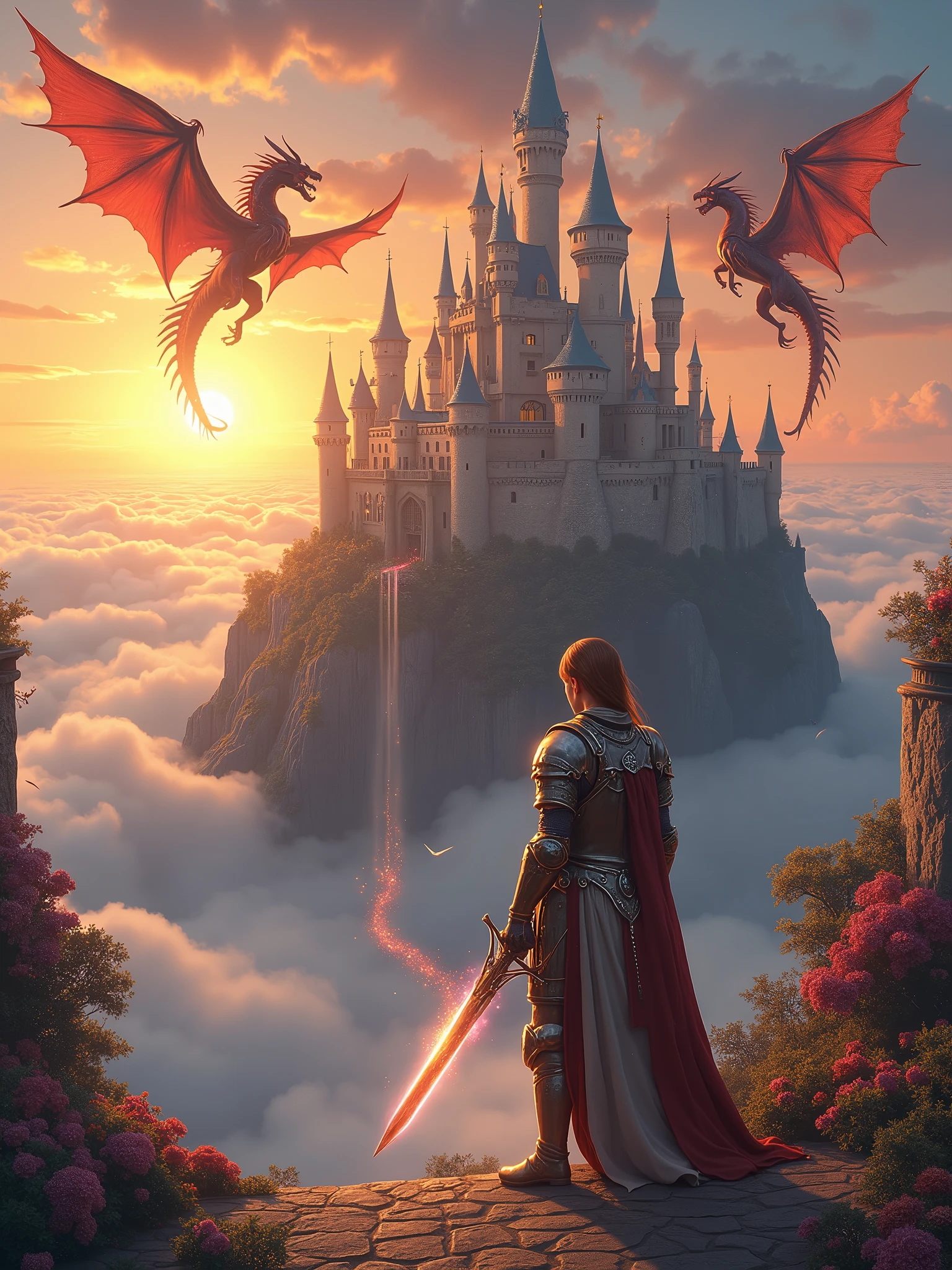 Imagine a medieval castle floating amidst the clouds, surrounded by majestic dragons and delicate fairies flitting about. As the sun sets, the sky transforms into a kaleidoscope of orange and pink hues. In the foreground, a heroic knight stands proudly, clad in radiant armor adorned with silver and gold details, a raised visor on his helmet, and a blue cloak emblazoned with a dragon emblem. His armor reflects the warm light of the setting sun, casting a soft glow. He wields a magical sword with a luminous blade and a hilt decorated with precious stones, alongside a shield bearing the dragon emblem. The knight's expression is determined and heroic, with piercing blue eyes and chestnut hair falling across his face. He stands tall, exuding confidence and authority, with a strong jawline and a well-groomed beard. The scene is set against a backdrop of towering castle spires, fortified walls, and a lowered drawbridge connecting the castle to the clouds. The castle's gardens are suspended in mid-air, featuring vibrant flowers and crystal-like trees with leaves that softly glow. Above, the sky is dotted with bright stars and a crescent moon, its soft aura illuminating the magical atmosphere. A 15-meter-long dragon of fire soars around the castle, its red and orange scales glistening, eyes blazing like embers, and wings that seem to be made of fire, leaving trails of smoke and flames. The dragon possesses resistance to fire, immense strength and speed, intelligence, elemental magic, and defensive capabilities. Nearby, a wise old mage with a long white beard and a pointed hat stands on the castle wall, advising the knight while performing magical rituals. Fairies with transparent wings and flower-petal garments flutter around, playing with the dragon and possessing the abilities to heal, create illusions, control time, and transform into other animals. The lighting is soft and golden, with the setting sun casting long shadows and realistic details, enhancing the magical and epic ambiance.  Infinity"
