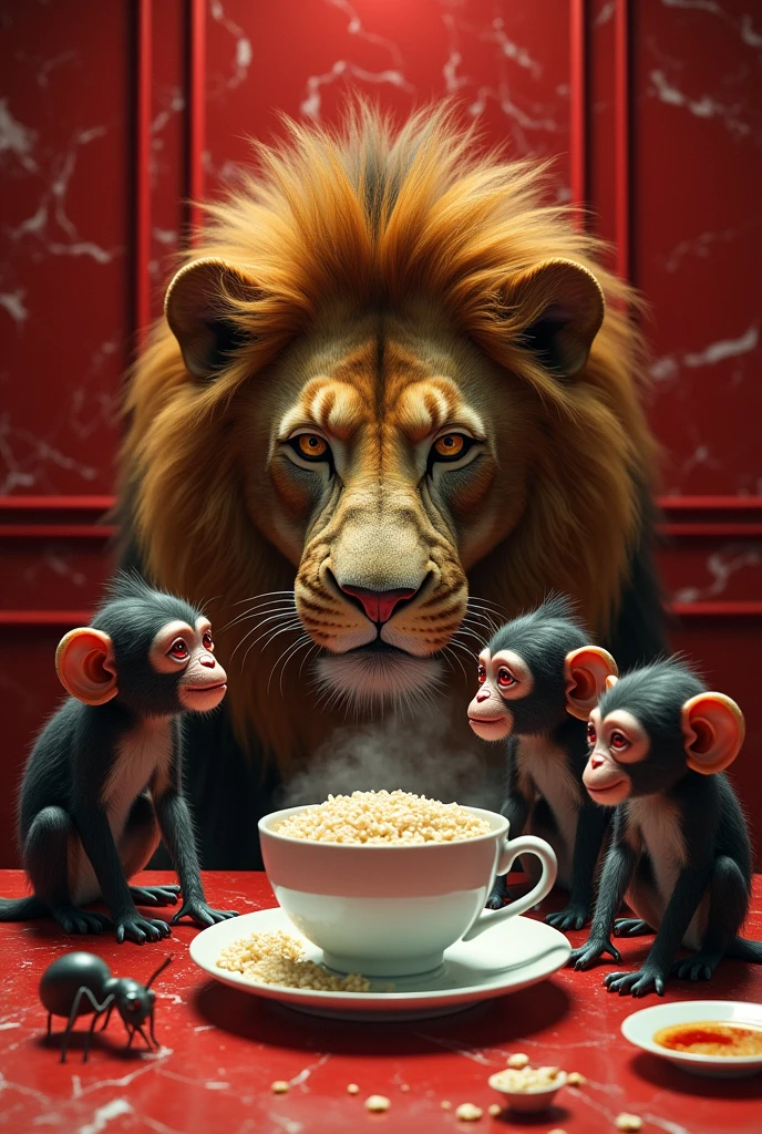 A ant eating rice with lion and in side a cup of tea with a mixture of coffee in a red room with marble finish and in blood eyes with three monkeys
