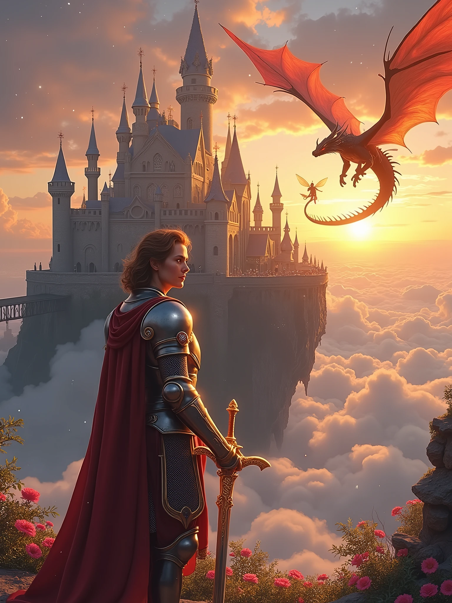 Imagine a medieval castle floating amidst the clouds, surrounded by majestic dragons and delicate fairies flitting about. As the sun sets, the sky transforms into a kaleidoscope of orange and pink hues. In the foreground, a heroic knight stands proudly, clad in radiant armor adorned with silver and gold details, a raised visor on his helmet, and a blue cloak emblazoned with a dragon emblem. His armor reflects the warm light of the setting sun, casting a soft glow. He wields a magical sword with a luminous blade and a hilt decorated with precious stones, alongside a shield bearing the dragon emblem. The knight's expression is determined and heroic, with piercing blue eyes and chestnut hair falling across his face. He stands tall, exuding confidence and authority, with a strong jawline and a well-groomed beard. The scene is set against a backdrop of towering castle spires, fortified walls, and a lowered drawbridge connecting the castle to the clouds. The castle's gardens are suspended in mid-air, featuring vibrant flowers and crystal-like trees with leaves that softly glow. Above, the sky is dotted with bright stars and a crescent moon, its soft aura illuminating the magical atmosphere. A 15-meter-long dragon of fire soars around the castle, its red and orange scales glistening, eyes blazing like embers, and wings that seem to be made of fire, leaving trails of smoke and flames. The dragon possesses resistance to fire, immense strength and speed, intelligence, elemental magic, and defensive capabilities. Nearby, a wise old mage with a long white beard and a pointed hat stands on the castle wall, advising the knight while performing magical rituals. Fairies with transparent wings and flower-petal garments flutter around, playing with the dragon and possessing the abilities to heal, create illusions, control time, and transform into other animals. The lighting is soft and golden, with the setting sun casting long shadows and realistic details, enhancing the magical and epic ambiance. Infinity"