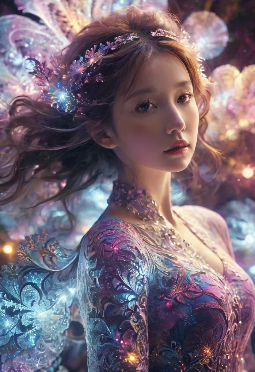 fractal，glowing，1girl，blingbling，Motion blurred，