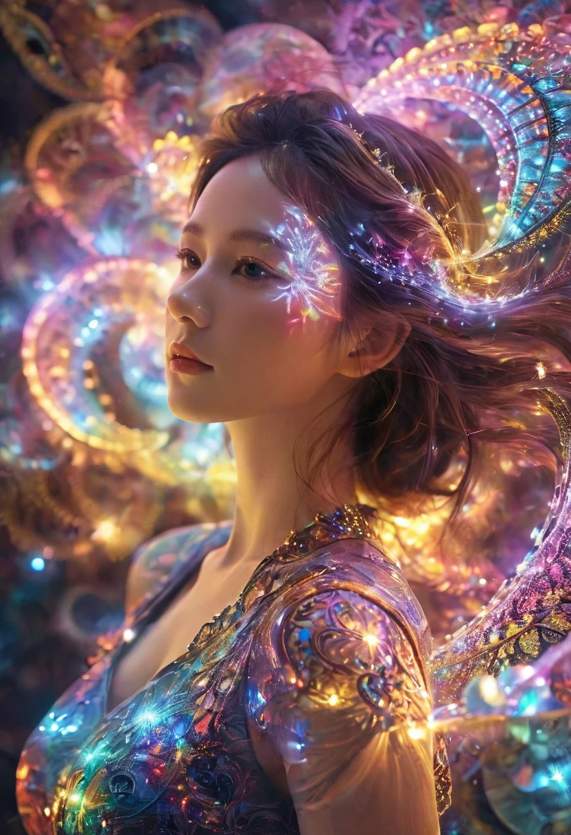 fractal,glowing,1girl,blingbling,Motion blurred,