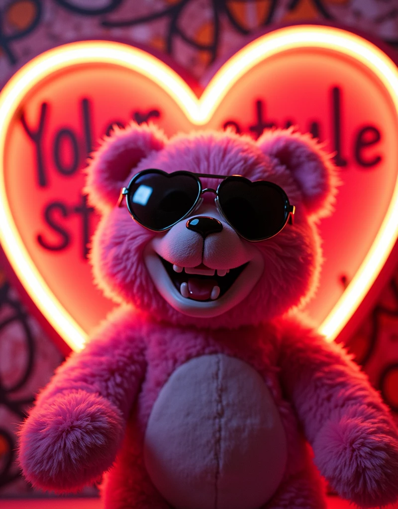 photo of 1 toy full body with fashion black mirror heart shaped glasses , pink fur ,hug ( neon glow my LOVE neon glow word :: ) with two eyes in a style in mood and happy smiling with teeth smile wearing a black VR red hair and a slash yellow glow on the bear, background with red heart neon glow inside of the heart is the word :: BEAR STYLE :: word, 90's fashion font graffiti words hug BEAR style, hyper detailed 35 mm shot