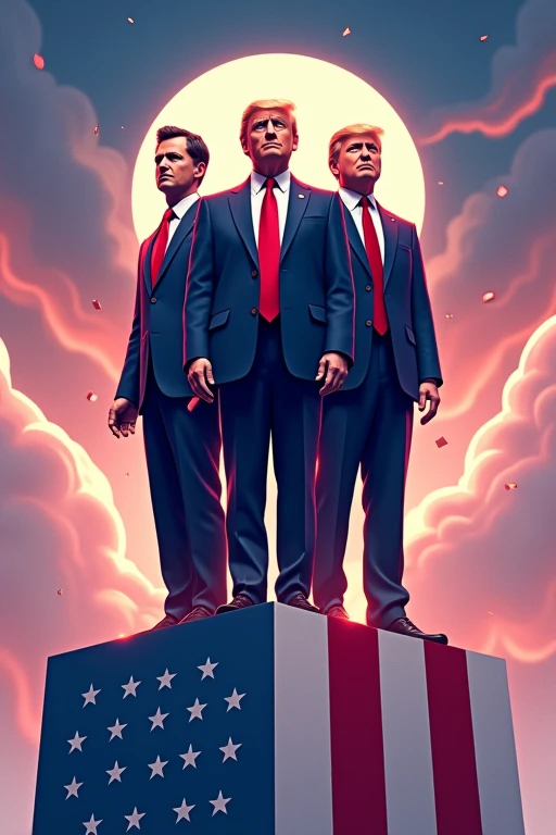 A digital illustration showing Charles Hoskinson, RFK Jr., and Donald Trump standing on a platform made of giant Cardano and Bitcoin logos. Use red, white, and blue color scheme with crypto symbols floating in the background.