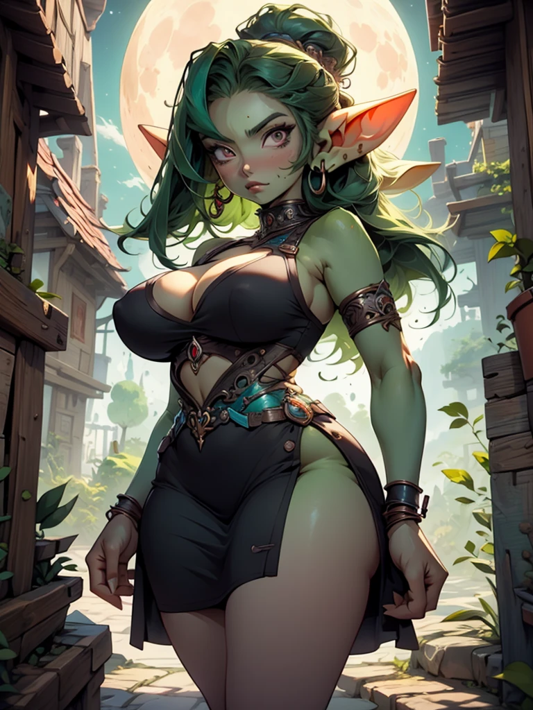 Beautiful anime goddess with long green hair, wearing a short dress, anime key look, moon, large_breast, intricate, hips, highly detailed, wide hips, breathtaking beauty, vibrant and sharp focus, illustration, goblin girl, goblin girl