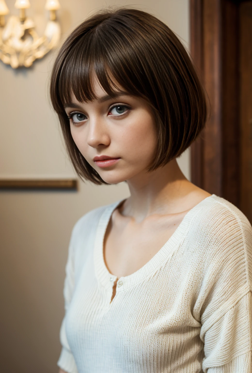 Short hair and white summer knit, summer knit, short hair, short hair with bangs, girl with cute face, cute fine face in portrait, French bob, pale fair skin!!, short brown hair and big eyes, soft portrait shot 8 k, beautiful light big eyes, beautiful young girl, young girl in a bob cut, best image quality, masterpiece, notes of Leonardo da Vinci da Vinci, Leonardo da Vinci's manuscript as a background