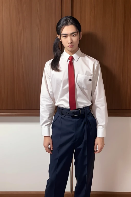 White skin, short, ponytail, thick eyebrows, small face, white dress shirt, red tie, slightly baggy navy blue slacks with a black belt, black loafers, center parting, big breasts, nude, pants down to the knees, black man behind, fucked from behind, rape