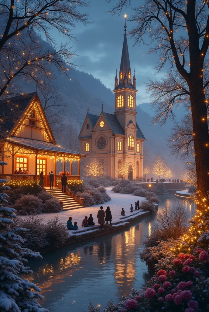 Generate an image of Christmas in the church a wast beautiful garden beside the church and the other side a small lake... The whole surrounding filled with Christmas stars with full of lights and ppl watching the beauty