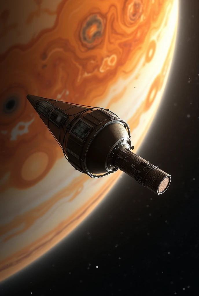 Voyager 1 during its flyby of Jupiter, with the massive gas giant filling the frame. The Great Red Spot is clearly visible, and the spacecraft is dwarfed by the planet's immense size. "hyper realistic"