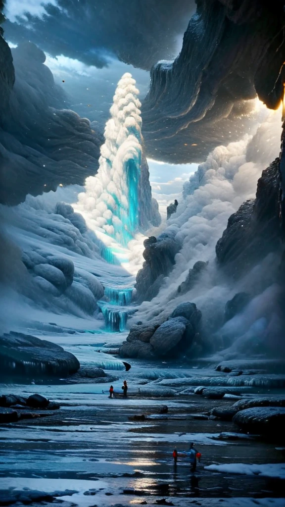 masterpiece, Highest quality, (Highly detailed CG Unity 8k wallpaper), (Highest quality), (Best illustrations), (Best Shadow), Absurd, Realistic lighting, (abyss), Beautiful sparkle, art:PeterMohrBacher,In front view of frozen cave、A man stands in the middle, Icy, Surreal frozen landscape, Icy mountains, in an Icy cavern, Complex and epic composition, Amazingly spectacular footage, Very beautiful、Fantasy, Frozen waterfall, Breathtaking alien landscapes, Icy cold pale silent atmosphere, Ice cave, Magnificent and wonderful, Entrance to the spirit world, Icy landscape、