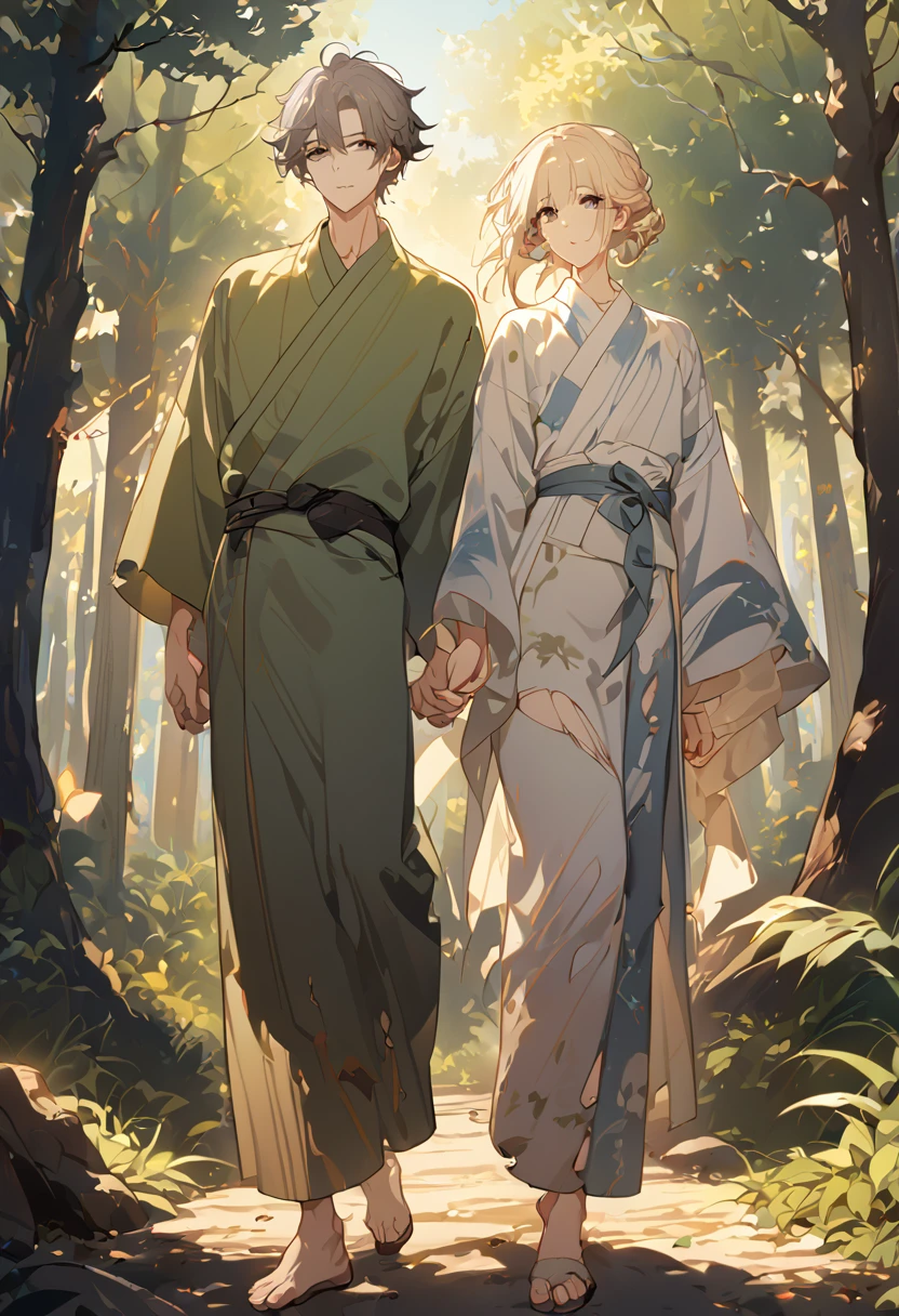 masterpiece, best quality, 8k ,4k, 2 boys, elf boys, long ears elf, twin elf, (one boy dark grayish hair with dark greenish eyes, torn and worn out clothes, yukata like clothes, thin body), (one boy light blond hair with dark bluish eyes, clean and neat clothes, yukata like clothes), simple short yukata, stand side by side, holding hand, woods background, inspired by Asukaziye artist : ask, art style : ask