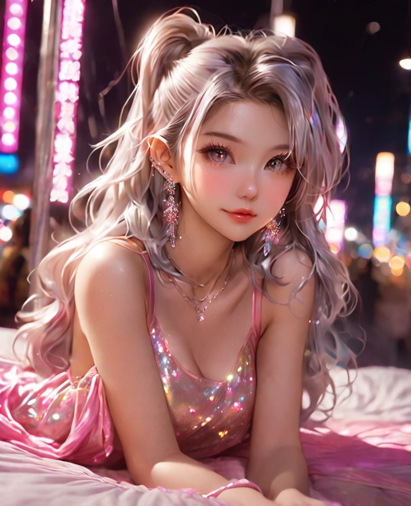 8K，an extremely delicate and beautiful,full body Beautiful and realistic skin,Shiny jewel-like earrings,Bedhead,like glitter  pink and silver hair,beautiful eyes,camisole,short shots,asian cute girl,full body,Shining brightly night city