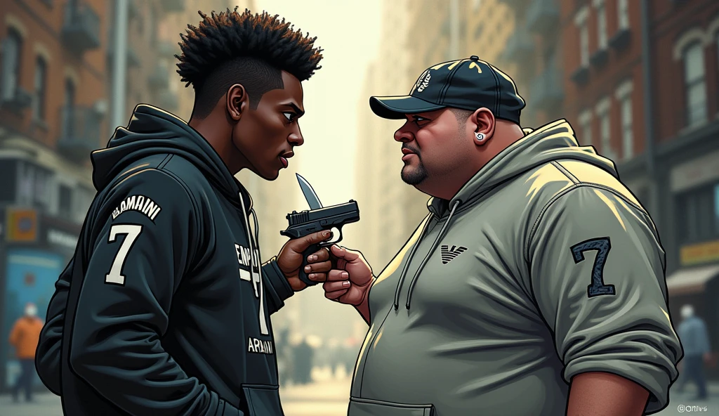 a dark-skinned person, with one eye higher than the other, street clothes,all brand EMPORIO ARMANI 7, SHORT afro hair threatening an obese person with a GUN, normal clothing, with a jockey-style cap and without an eye and in turn threatening him with a KNIFE, both characters about 30 years old and imagined in a HALF-CARTOON way and from the front, These are not fighting verbally