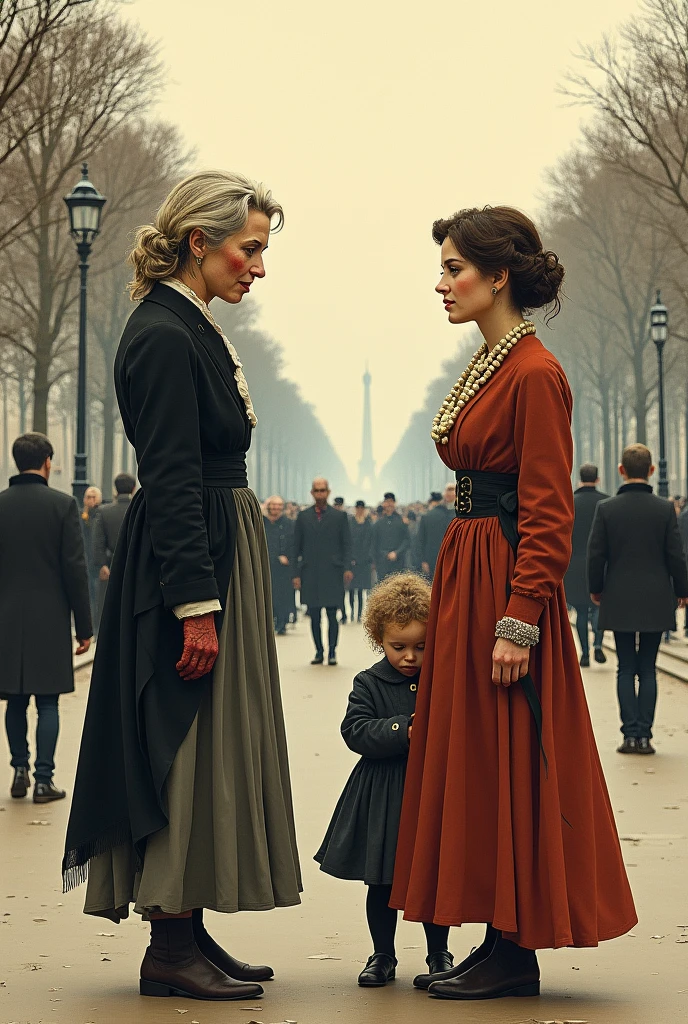 the necklace by guy de maupassant ending scene illustration , two girls are having an conversation in Champs Elysees, one women is Madame Loisel who looked old now. She had become the woman of impoverished households--strong and hard and rough. With frowsy hair, skirts askew and red hands and the other women is Madame Forestier, still young, still beautiful, still charming with a kid beside her