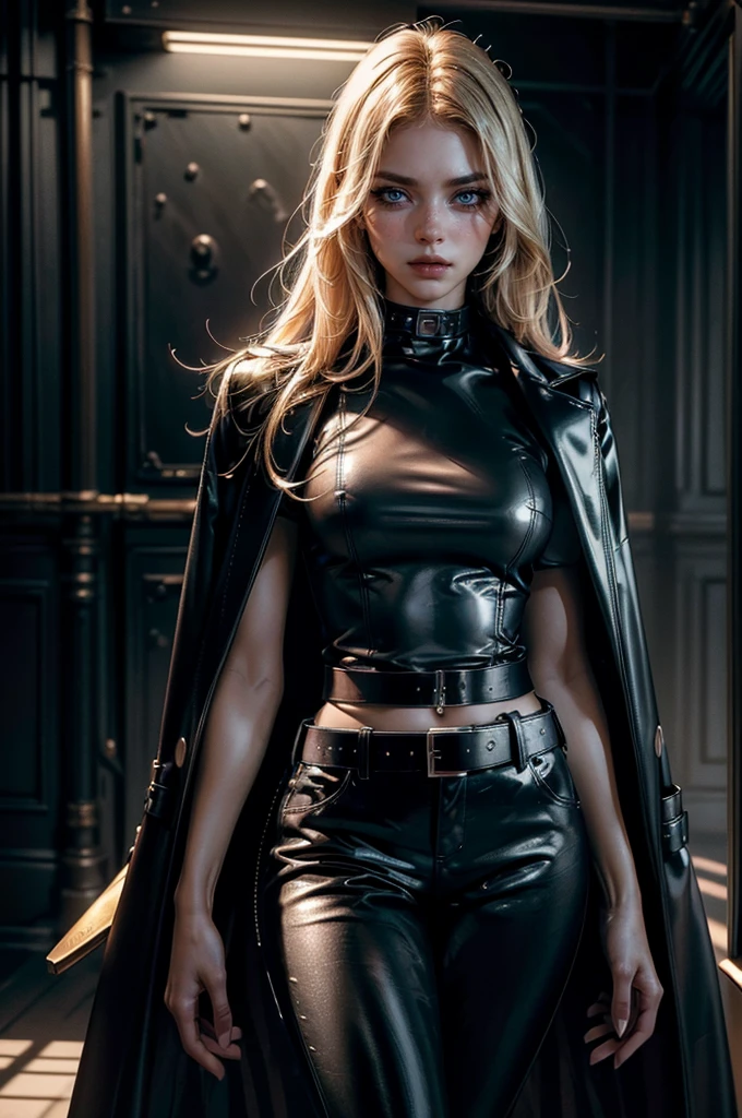 cowboy shot,a pretty 2 girl,blond hair,blue eyes,lora_Emma,slim athletic body,tight and stretched white blouse with buttons,button gap,short sleeves,pokies,ultra low rise black shiny latex pants,(double metal belt),empty studiobackground,((black coat on shoulders)),(best quality,4k,8k,highres,masterpiece:1.2),ultra-detailed,(realistic,photorealistic,photo-realistic:1.37),dramatic lighting,cinematic,fashion photography,studio lighting,high contrast,vivid colors,beautiful detailed eyes,beautiful detailed lips,extremely detailed eyes and face,long eyelashes, touching hair