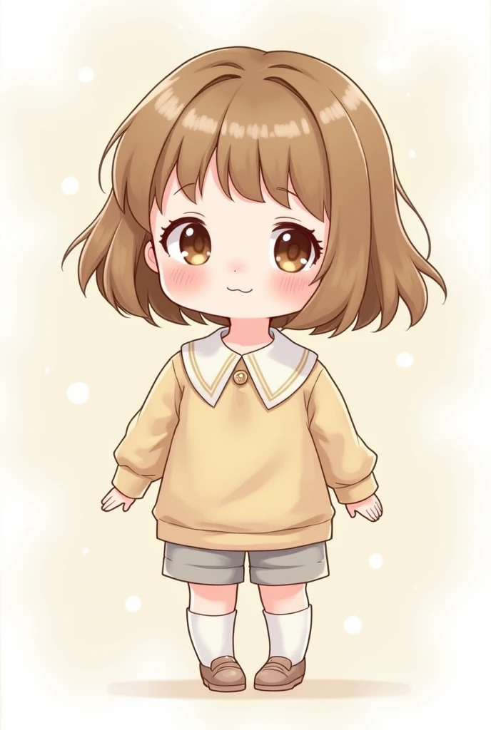 A drawing of a cute  doll, with well-behaved clothes in my eyes , light brown hair 