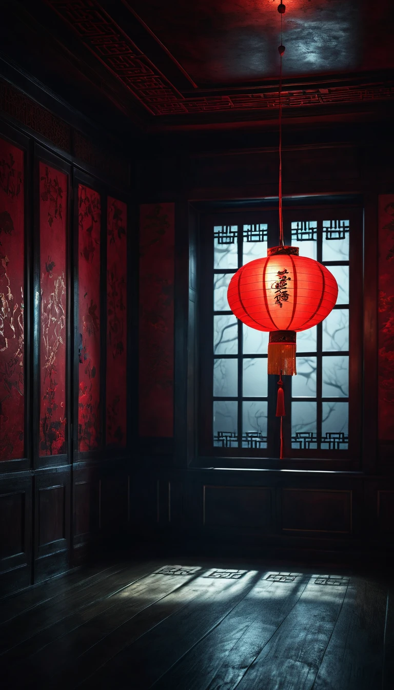 A dimly lit, spooky room. Moonlight streaming through a window, casting eerie shadows on the wall. A red Chinese lantern hangs from the ceiling, flickering. Dark and mysterious atmosphere. Digital art, cinematic lighting, concept art.