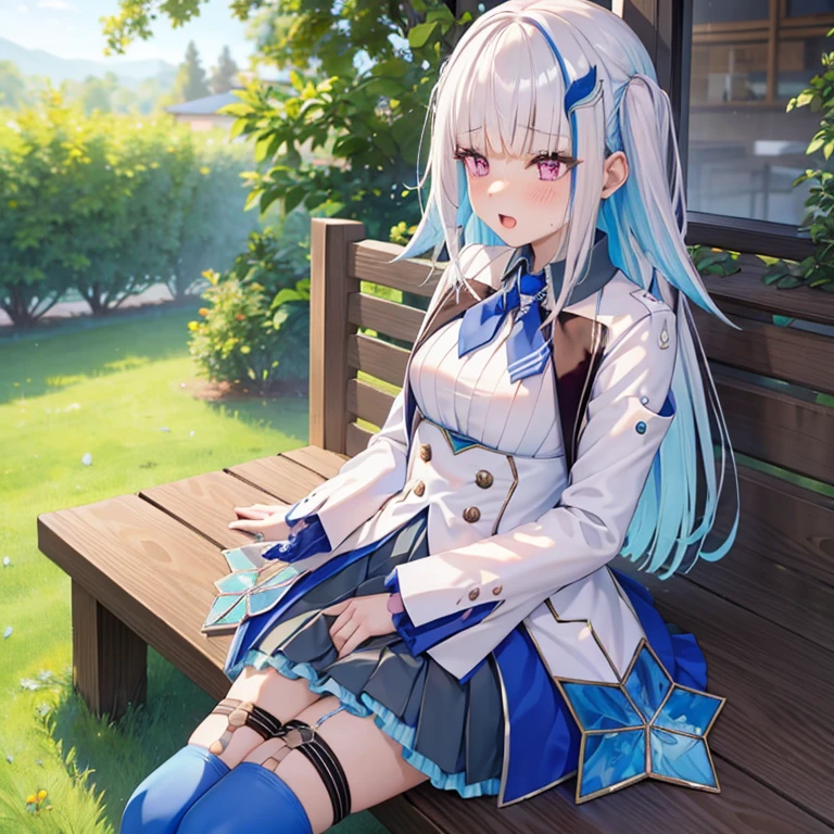 Highest quality,(Ahegao),blush, fingering, schlick, masturbation ,lh1, hair ornamnet, long hair, long sleeves, pleated skirt, blue thighhighs, 手链, frilled skirt, white jacket, white shirt, blue skirt, thigh strap