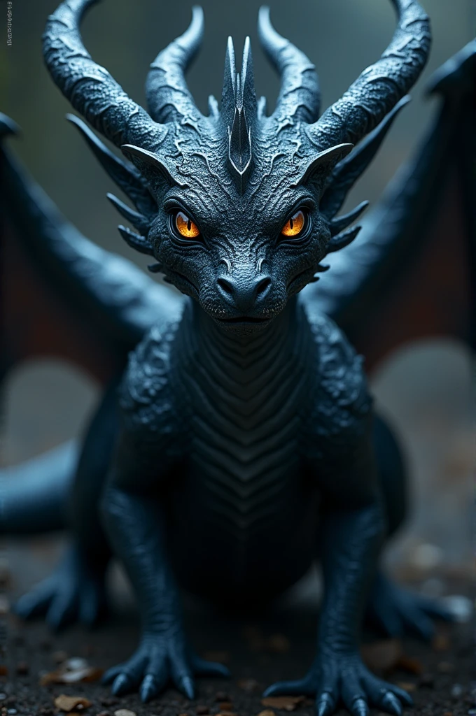 Dragon noire avec des reflets bleutée, de longues corne et des yeux doré 