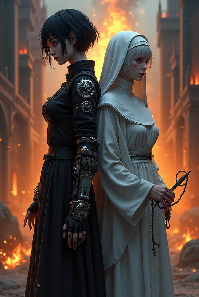 Two pale middle-aged girls back to back with violet eyes, with the one on the left with a suffering eye, dark alchemist clothes and left arm with a steampunk technology prosthesis, holding a dagger with a pentagram, short black hair with a cut on the face, and the one on the right with white nun clothes holding a rosary with sad closed eyes long white hair with a castle in flames behind and sparks of fire, the night 
