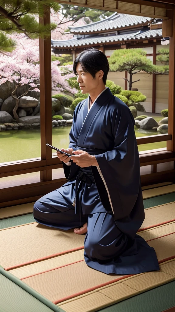 Create an image of Tokugawa Ieyasu, the founder of the Tokugawa shogunate, during the Sengoku period. He is depicted in a serene Japanese garden, sitting in the seiza position on a tatami mat, under the shade of a cherry blossom tree. Ieyasu is in his late 50s, with a wise and composed expression, reflecting his patience and strategic mind. His face is framed by a short, well-kept beard, and he has calm, observant eyes. He wears a dark, richly decorated kimono, embroidered with the Tokugawa family crest, and a simple but elegant hakama. In his hands, he holds a scroll, studying its contents intently, suggesting his careful planning and attention to detail. A katana is placed within reach, resting on a stand, symbolizing his readiness for action if needed. The garden around him is tranquil, with a koi pond and meticulously maintained bonsai trees, reflecting his appreciation for order and balance. The overall atmosphere should convey a sense of peace, wisdom, and readiness, embodying Ieyasu's reputation as a patient and strategic leader