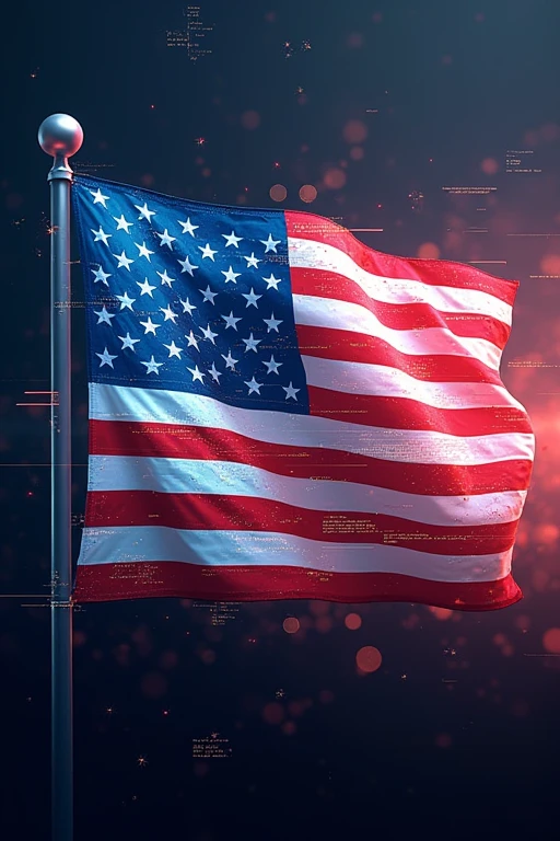 An abstract representation of the American flag, with one stripe transforming into a blockchain. In the star area, include small icons representing Cardano, political reform, and a balance scale. Use a mix of traditional and futuristic elements.