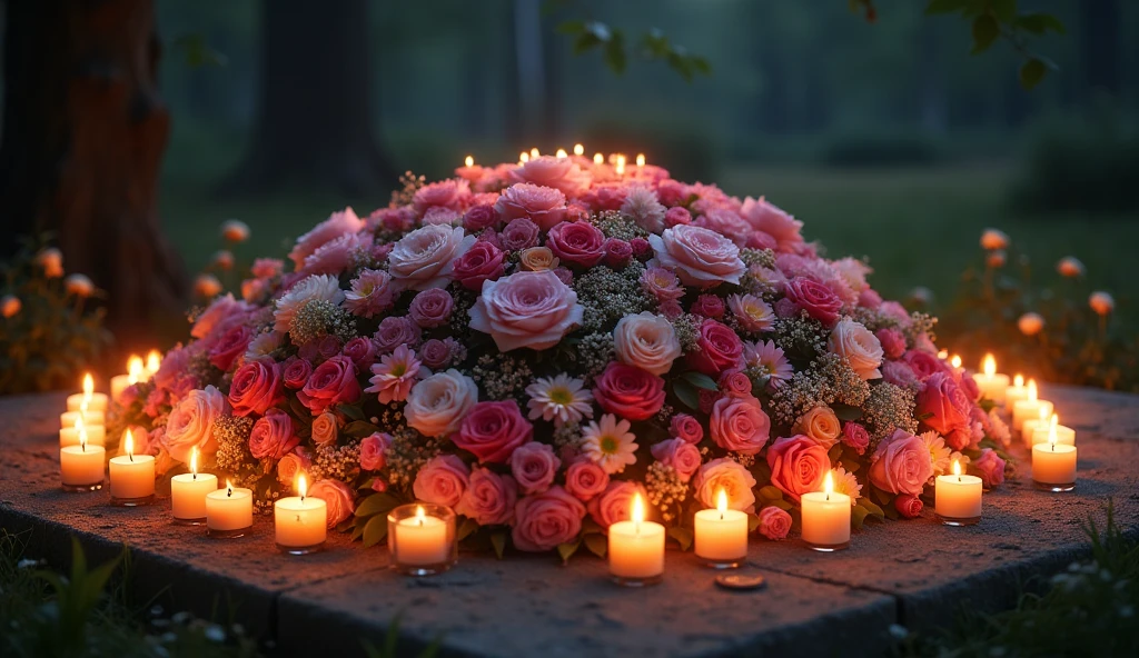 There are many lit candles around the mound of the grave, which is completely covered with flowers.